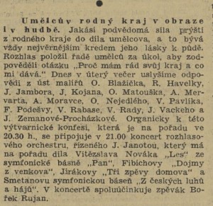 Umělcův rodný kraj v obraze i hudbě. In Venkov, 18. 6. 1940