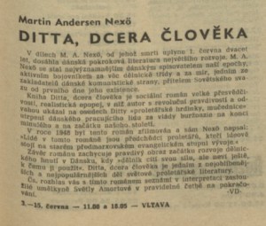 VD - Ditta, dcera člověka. In Rozhlas 23-1974 (27. 5. 1974), s. 5 (článek).