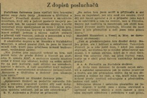 Z dopisů posluchačů. In Náš rozhlas 32-1954 (26. 7. 1954), s. 15 (ohlasy posluchačů).