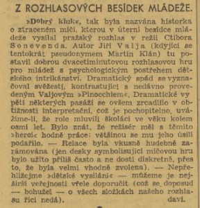 Z rozhlasových besídek mládeže (Dobrý kluk). In Venkov, 10. 10. 1940 (recenze)