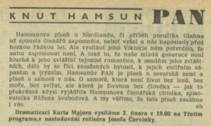 ab - Knut Hamsun - Pan. In Rozhlas 6-1971 (25. 1. 1971), s. 9 (článek).