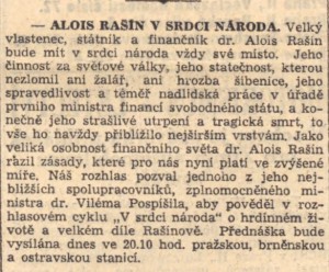 anonym - Alois Rašín v srdci národa In Národní listy, 16. 2. 1939, s. 3 (zpráva).