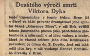 anonym - Desáté výročí smrti Viktora Dyka. In Národní listy, 13. 5. 1941 (anotace).
