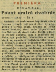 anonym - Faust umírá dvakrát. In Československý rozhlas a televise 24-1968 (4. 6. 1968), s. 9 (článek).