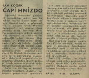 anonym - Jan Kozák - Čapí hnízdo. In Rozhlas 15-1976 (29. 3. 1976), s. 4 (článek).
