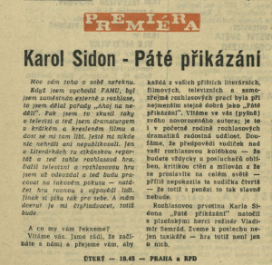 anonym - Karol Sidon - Páté přikázání. In Čs. rozhlas a televize 9-1966 (15. 2. 1966), s. 8 (článek)