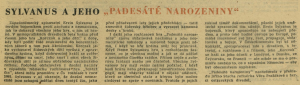 anonym - Sylvanus a jeho Padesáté narozeniny. In Československý rozhlas 4-1963 (26. 3. 1963), s. 1 (článek)