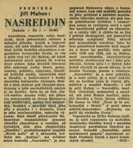 dch (= Chalupa, Dalibor) - Jiří Mahen - Nasreddin. In Rozhlas 21-1964 (12. 5. 1964), s. 2 (článek)