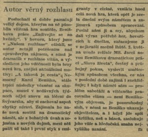 fk - Autor věrný rozhlasu. In Náš rozhlas 18-1948 (2. 5. 1948), s. 2 (článek)