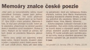 hub (= Hubička, Jiří) - Memoáry znalce české poezie. In Týdeník Rozhlas 24-2011 (7. 6. 2011), s. 11