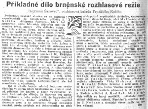 jfm - Příkladné dílo brněnské rozhlasové režie. Hejtman Šarovec, rozhlasová balada Františka Kožíka. In Svobodné slovo, 17.05.1950, 6(115), s. 3 (recenze)