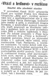 jfm - Vítězi a hrdinové v rohlase. Zdařilé dílo plzeňské stanice. In Svobodné slovo, 15.11.1950, 6(268), s. 3