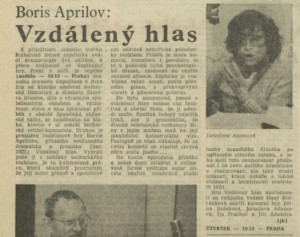 jh - Boris Aprilov - Vzdálený hlas. In Rozhlas 37-1984 (27. 8. 1984), s. 4 (článek).