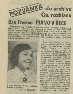 jh - Pozvánka do archívu Čs. rozhlasu. Dan Treston - Piano v řece. In Rozhlas 12-1987 (9. 3. 1987), s. 4 (článek).