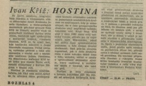 jur - Ivan Kříž - Hostina. In Rozhlas 9-1984 (13. 2. 1984), s. 4 (článek).