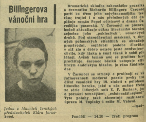 mat - Billingerova vánoční hra. In Čs. rozhlas a televize 52-1968 (16. 12. 1968), s. 2 (článek)