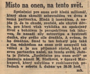 mk - Místo na onen, na tento svět. In Národní listy, 1. 4. 1941, s. 5 (anotace).