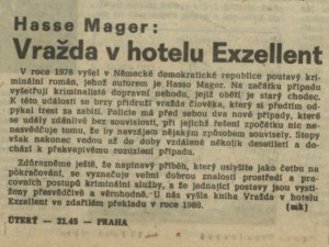 mk - Vražda v hotelu Exzellent. In Rozhlas 14-1987 (23. 3. 1987), s. 4 (článek)