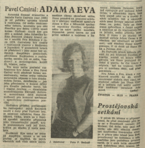 peky (= Pekárek, Hynek) - Pavel Cmíral - Adam a Eva. In Rozhlas 12-1985 (11. 3. 1985), s. 4 (článek).