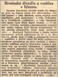 -pp- Brněnské divadlo a rozhlas v březnu. In Národní listy, 9. 3. 1939, s. 5 (článek).
