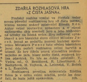 rch - Zdařilá rozhlasová hra Z čista jasna. In Venkov, 31. 3. 1940, s. 9 (recenze).