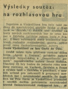 st - Výsledky soutěží na rozhlasovou hru. In Čs. rozhlas 29-1967 (4. 7. 1967),s . 9 (článek)