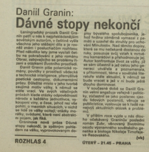 vk - Dávné stopy nekončí. In Rozhlas 46-1989 (30. 10. 1989), s. 4 (článek)