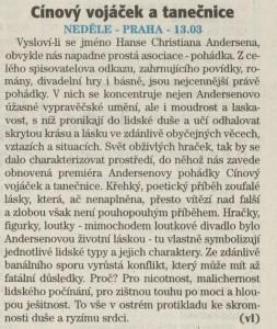 vl - Cínový vojáček a tanečnice. In TR 13-2003 (17. 3. 2003), s. 7 (anotace)