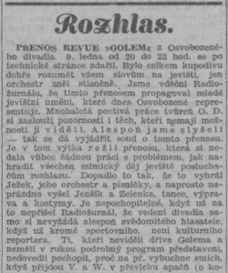 vs - Rozhlas. Přenos revue Golem. In Národní osvobození 1932-12 (12. 1. 1932), s. 4 (recenze)