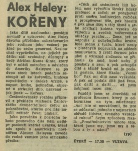 yp - Axel Hailey - Kořeny. In Rozhlas 11-1988 (29. 2. 1988), s. 4 (článek)