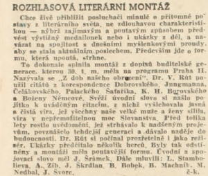 č-k - Rozhlasová literární montáž. In Za svobodné Československo 216-1945 (1. 9. 1945), s. 3 (recenze).