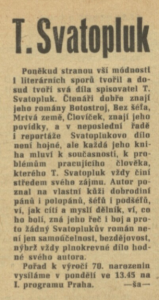 ša - Výročí týdne - T. Svatopluk. In Rozhlas 43-1970 (12. 10. 1970), s. 7 (anotace)