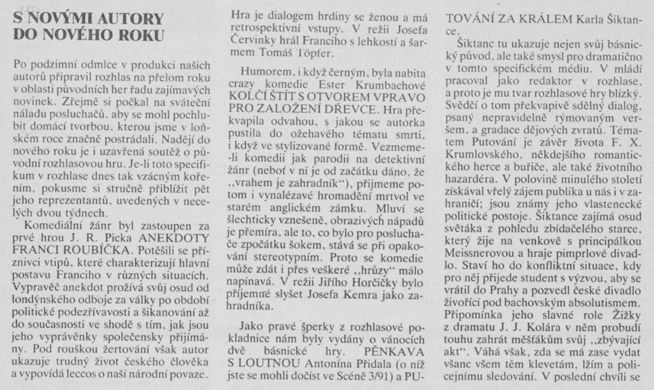 Vadlejchová, Ivana - S novými autory do nového roku. In Scéna 4-1991, s. 6